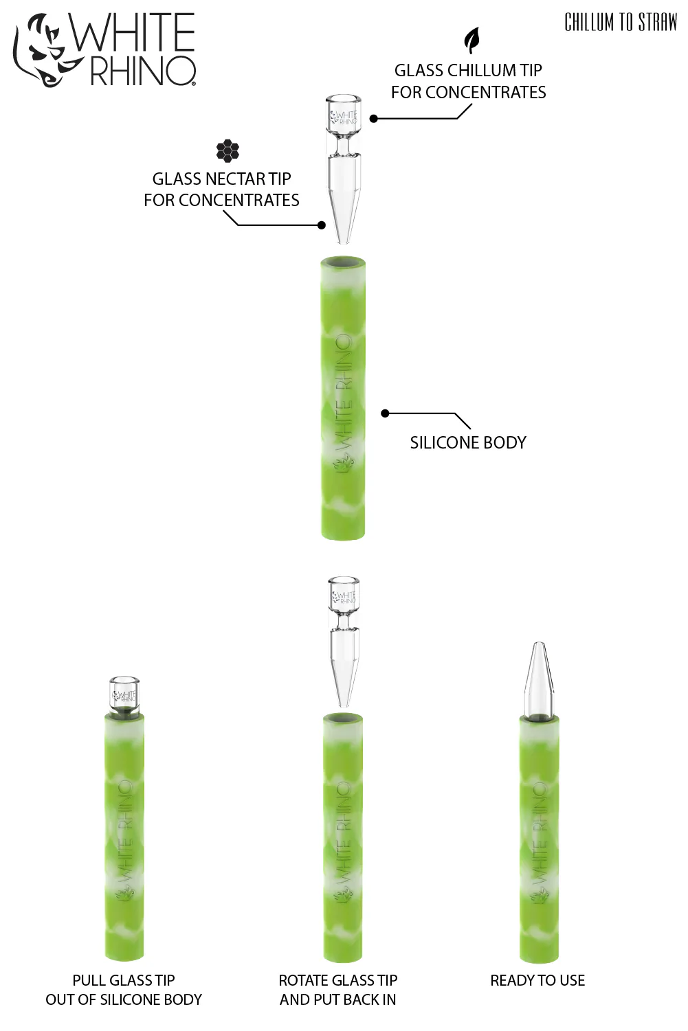 White Rhino - Premium Quartz Chillum To Straw Glow In The Dark (25ct)