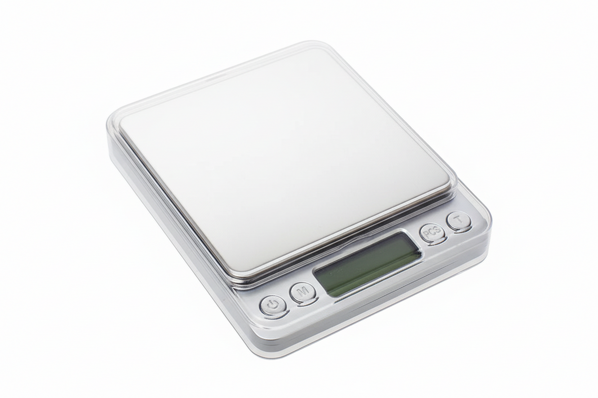 Digital scale with a metallic finish on a light gray background