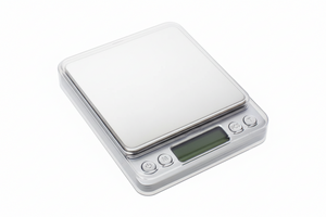 Digital scale with a metallic finish on a light gray background